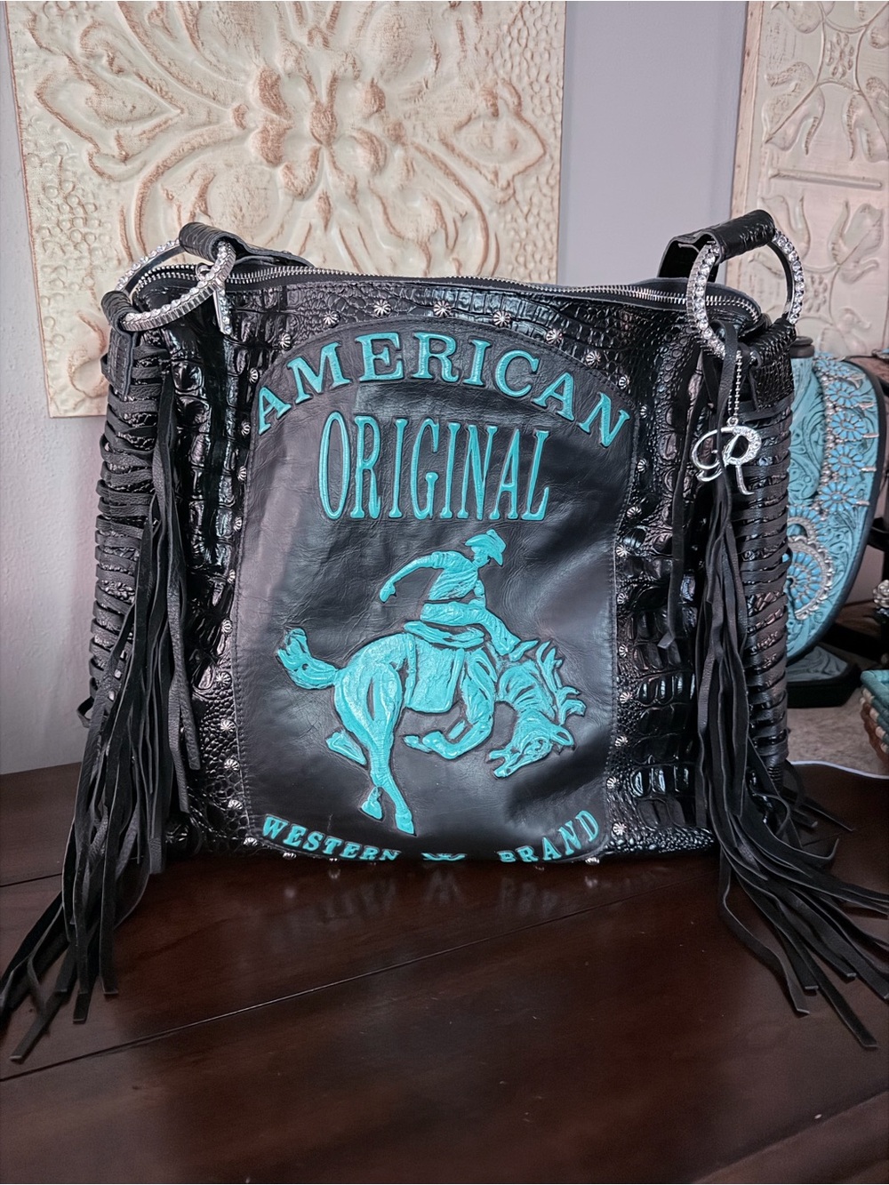 Raviani Black Leather Shoulder Bag with Turquoise Graphic